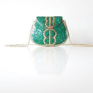 Ramla Porte-Moi Women’s‎ Handmade Moroccan Mosaic Green & Gold Clutch with chain